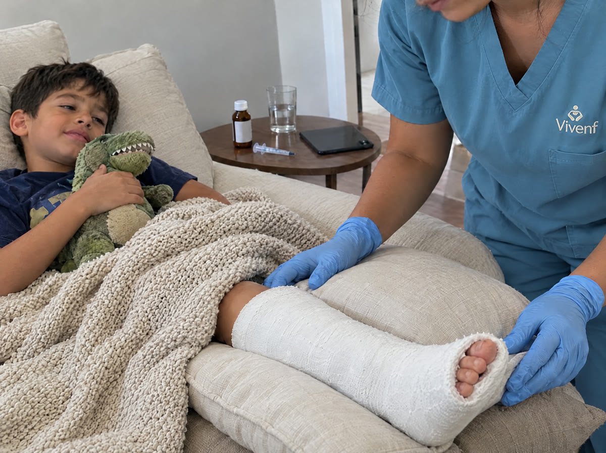 Menino no sofá com a perna engessada depois de uma cirurgia, enquanto a cuidadora da Vivenf, de luvas, ajeita o apoio do gesso